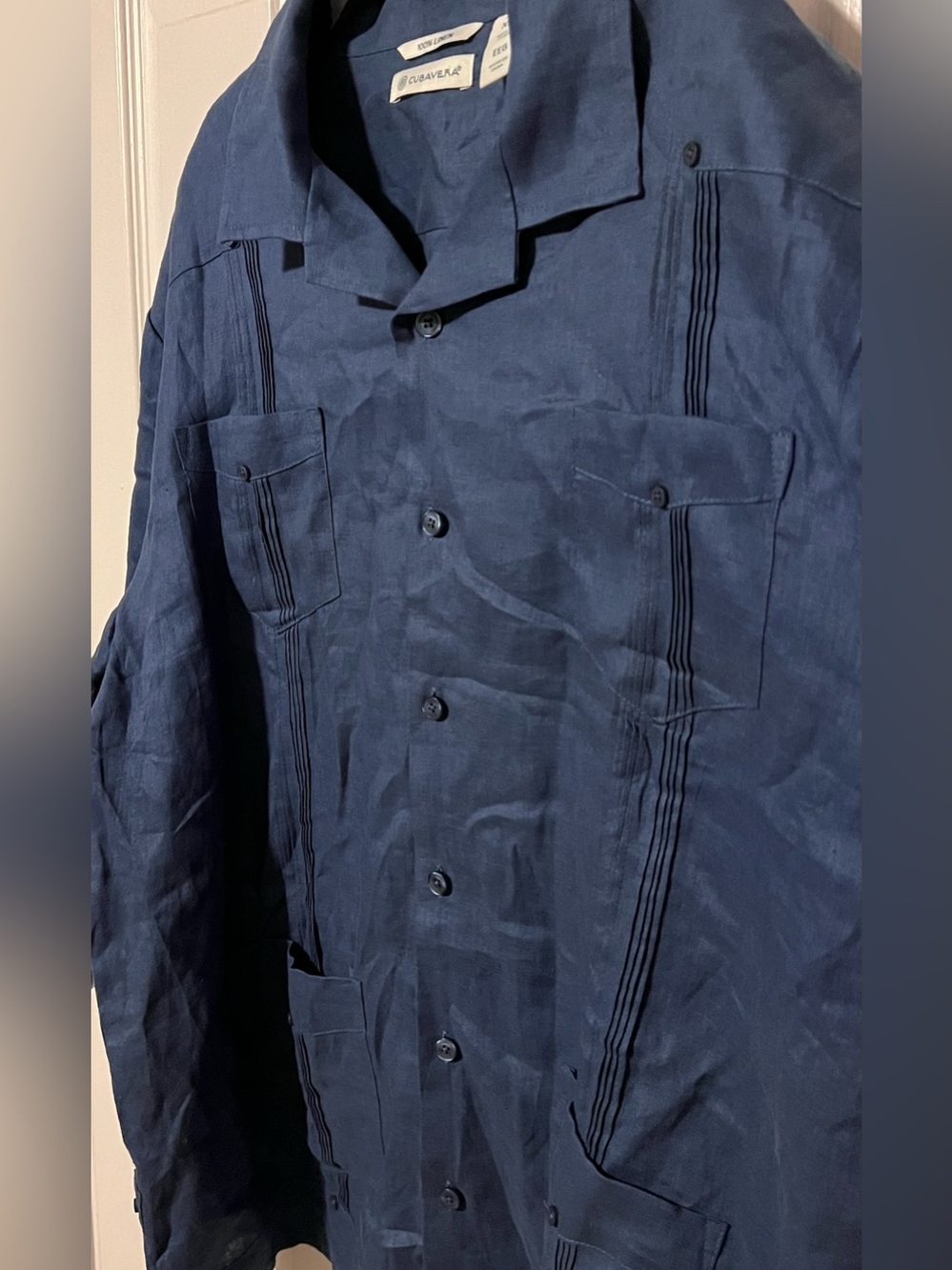 Cubavera 100% Linen Navy Guayabera Shirt Men’s XXL Long Sleeve